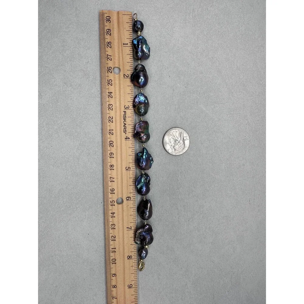 Black Baroque Pearl Bracelet, Handknotted 925 Sterling Silver Gold Plated